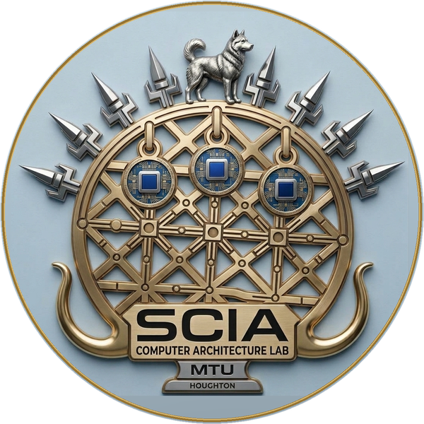 SCIA lab emblem on a round badge: a brass lattice topped by a husky, with three chip medallions.